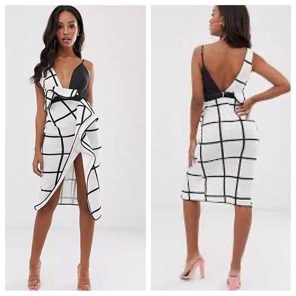 ASOS sz 2 Design Black White Ruffle Grid Check Waterfall Bodycon Midi Dress - Picture 1 of 10